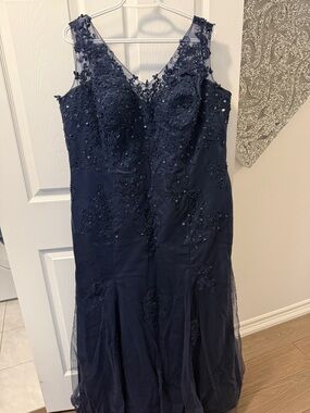 Navy Beaded V-Neck Evening Gown